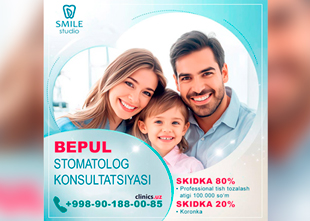 BEPUL stomatolog konsultatsiyasi + SUPER SKIDKA 80% professional tish tozalashga Di Smile klinikasida!